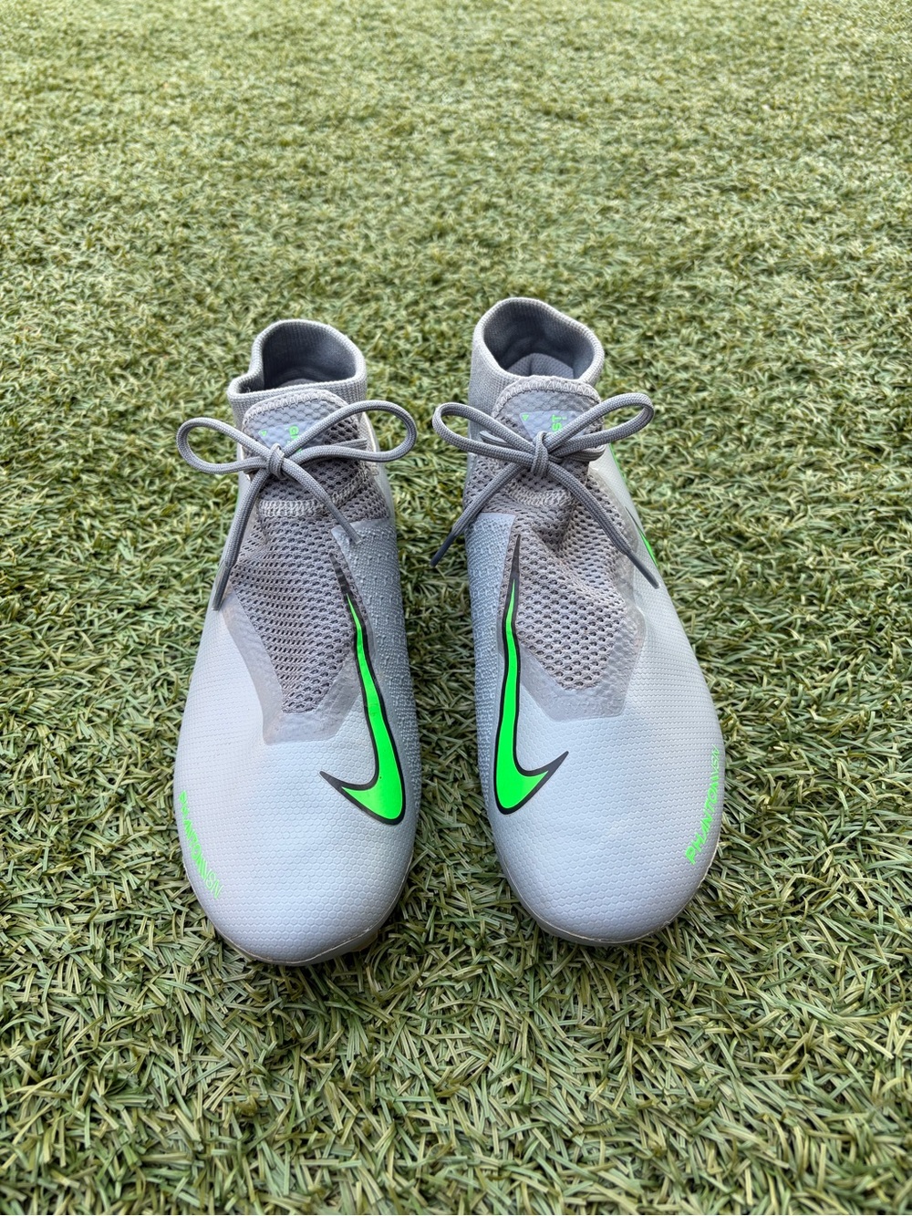 Nike Phantom Visions Grey cleats with Neon Green Swoosh